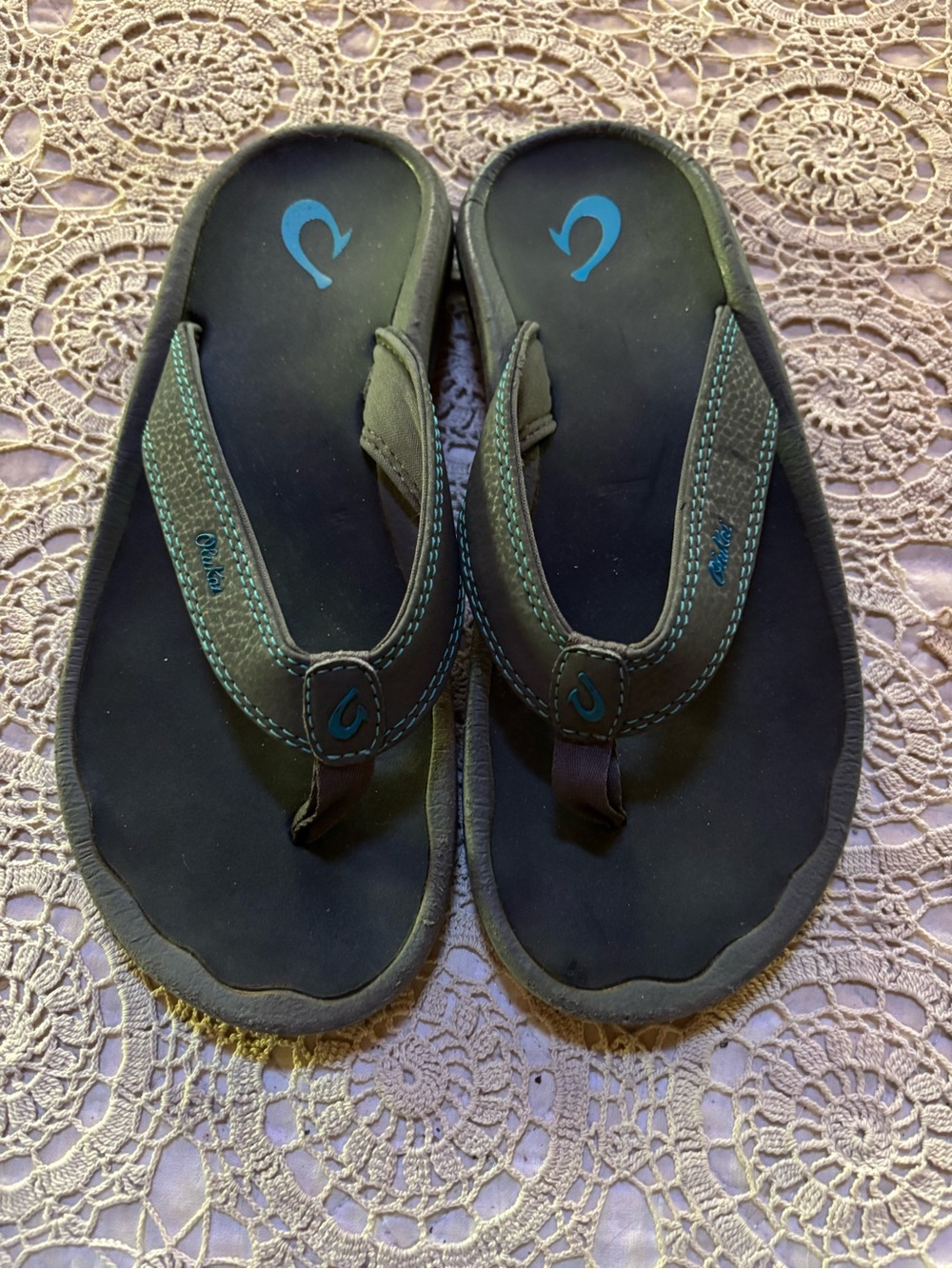 Olukai Ohana Thong Sandals Kids Youth Sz 4.5 (EU 36.5) Charcoal & Blue Unisex